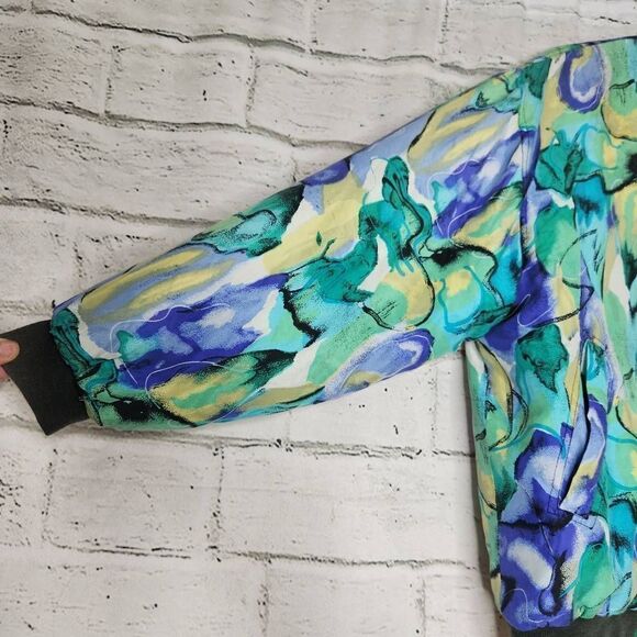Silk World Abstract Graphic Pattern Ribbed Trim Bomber Jacket Blue Green Large - Picture 5 of 12